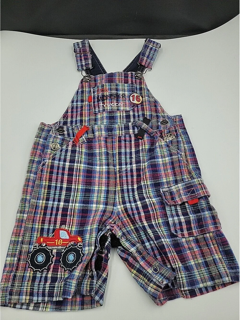 OshKosh B'Gosh Boys Size 24 Months Shortalls Blue, Red, White Plaid VTG